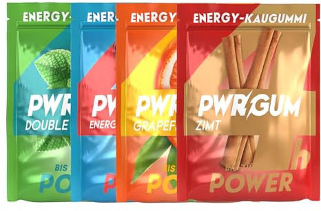 PWRGUM Energy-Kaugummi 4er Mix I Bis zu 4-Stunden Energie Boost I Zuckerfrei & Zahnpflegend I Ideale Alternative zu Energy-Drinks I Gönn dir natürliche Power mit jedem Kauen!