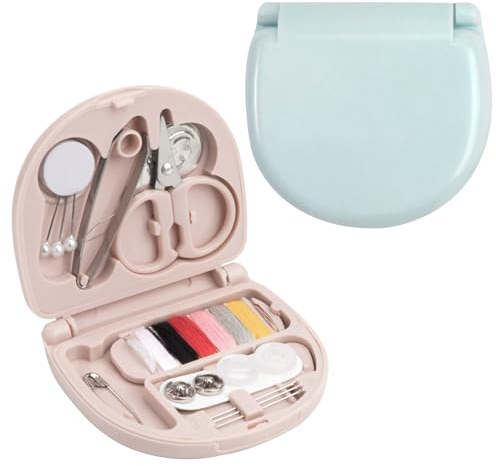 Mini Reise Nähset, Tragbares Nähset Faltbarem Mini-Nähkästchen DIY Nähzubehör Reise Nähzeug Zubehör für Erwachsene, Heimreisen und Notfall 2 Stück (Blau+Rosa)