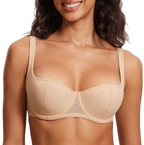 DOBREVA Women's Balconette Bra Lightly Padded Plus Size Sexy Mesh Demi Underwire Bras Wide Cushioned Straps Beige 36C