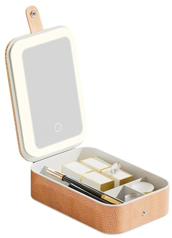 Sminkväska med upplyst spegel, kosmetiketui med sminkspegel | kosmetik-organisatör-väska med krokodilmönster, resesminkväska, lätt resesmink, sminktillbehör verktygsväska med, Orange1, se beskrivning,