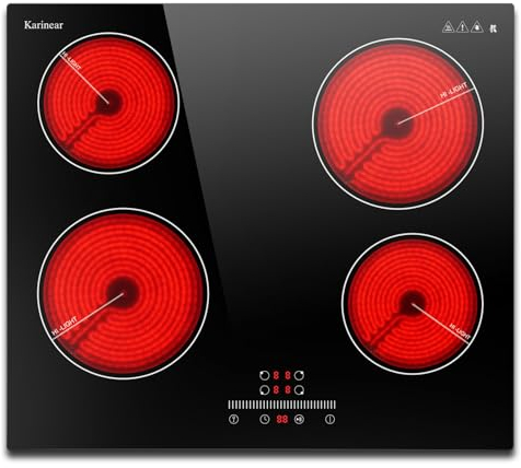 Karinear Plaque Vitroceramique 4 Feux Encastrable, Plaque électrique Intégrée 60 cm avec Commande Coulissante, Table de Cuisson 4 Foyers avec Verrouillage de Sécurité, Minuterie, 6000W 220V-240V