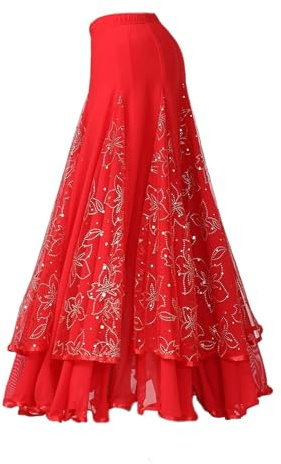 Elegant glittrande blomma balsal dans latinsk dans fest lång swingkjol full cirkel kjol magdans kjol volang kjol paljett nät kjol vals tangoklänning för kvinnor, Röd, M