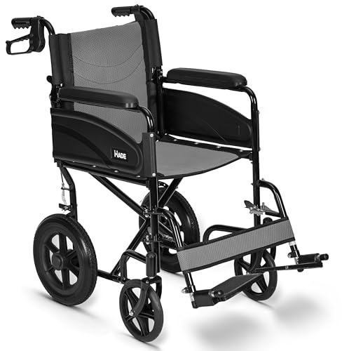 Lightweight Folding Wheelchair - Travel Friendly Foldable Transit Wheel Chair - Adjustable Footrests, Lock Lever Brakes - Grey, Standard 18 Seat