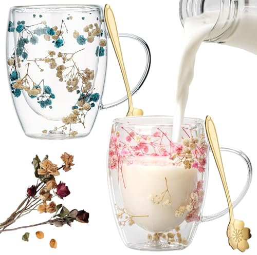 Tasses Double Paroi avec Fleurs Séchées,2 Pièces 350ml Fleurs Tasse à Thé,Verre Double Paroi,Tasse en Verre avec Fleur Sèche,Tasse Double Paroi Fleurs Séchées,pour le Thé Noir,les,le Café Glacé