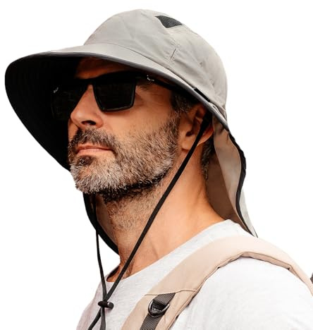 TOP-EX XL/XXL UPF 50 Sonnenhut Herren Damen Breite Krempe Sonnenschutzhut mit Nackenschutz Sonnenbrillenhalter Outdoor Safari Sommerhut Wasserdicht & Faltbar Hellgrau M/L