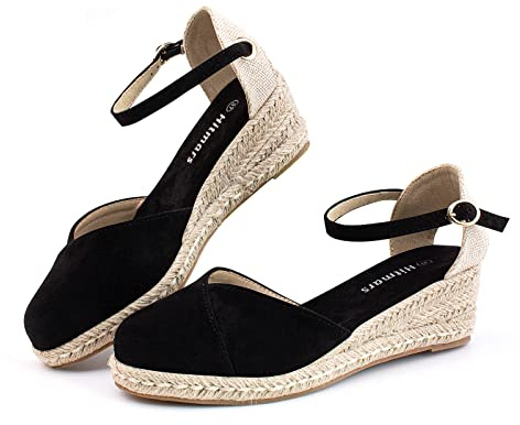 Sandals Womens Closed Toe Mid Heel Espadrille Ladies Wedge Sandals Wide Fit Strappy Party ShoesWedding Ankle Strap Comfortable Black UK Size 7.5