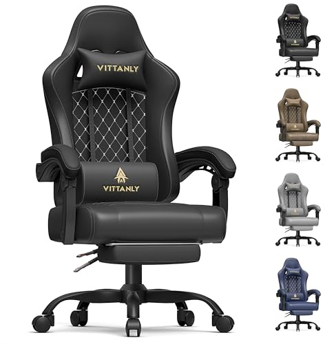Vittanly Gaming Stuhl mit Frühling Kissen, Ergonomischer Gaming Chair Gamer Stuhl mit Kopfstütze, Lendenkissen und Fußstütze, Höhenverstellbarer Drehbarer Gaming Sessel Bürostuhl 150 kg, Schwarz