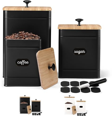 PERFNIQUE Kitchen Canisters for Countertop Set of 3, Airtight Canisters Sets for the Kitchen Counter with Lid, Metal Farmhouse Food Storage Containers Jars for Flour Sugar Coffee Tea Spice (Black)