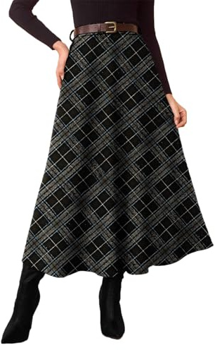 Pink Queen A Line Maxi Skirts for Women 2026 with Pockets Fall Winter Midi Length Work Office Going Out Leated Plaid Skirts for Womens High Waist Pleated Belt Loop Long Dress Black White L