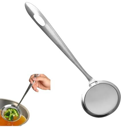 1Pc Silver Stainless Steel Fat Skimmer Spoon Fine Mesh Food Strainer Hot Pot Fat Strainer with Long Handle for Skimming Grease and Foam,Oil Filter(S/3inch),Colanders,Food Strainers