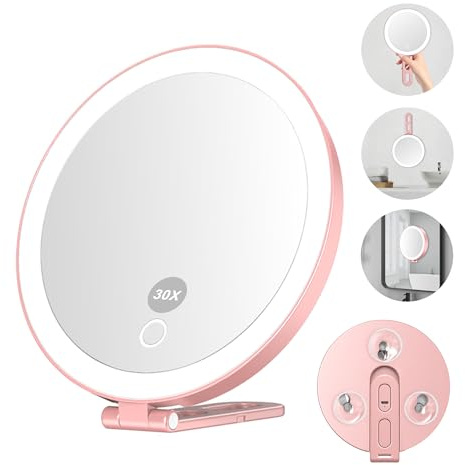 Mocado 30x Magnifying Mirror with Light, 16cm Travel Magnifying Mirror with 3 Suction Cups, Rechargeable Makeup Mirror with 3 Colors Lighting, Suction Cup & Stable Stand, Handheld Mirror(Rose Gold)