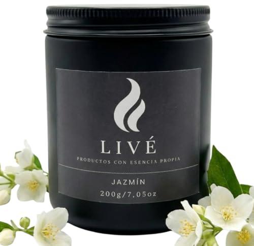 LIVÉ Vela Aromática de Jazmín en Frasco de Cristal Tintado con Tapa Metálica, 40h de Duración, Cera de Soja 100% Natural, Perfume para Hogar, Decoración y Regalo, Reutilizable