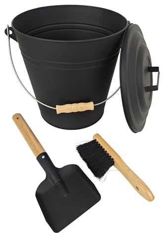 Relaxdays Secchio per Cenere con Coperchio, 15 l, Scopa e Paletta per Camino, Manico in Legno, Nero/Naturale