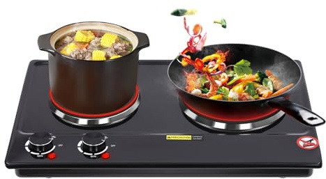 DAOHHFO Doppia piastra di cottura, 1000 W + 1500 W portatile doppio piano cottura, piastra di cottura a infrarossi con controllo della temperatura, controllo indipendente, 6 livelli di temperatura per