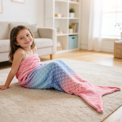 ABOHU Coperta a Forma di Coda Di Sirena, Coperta Plaid Pile, Che si Illumina Al Buio, coperta in Morbido Pile Di Flanella con Stelle Scintillanti e Design Arcobaleno Sfumato A Squame Di Pesce100X60 cm