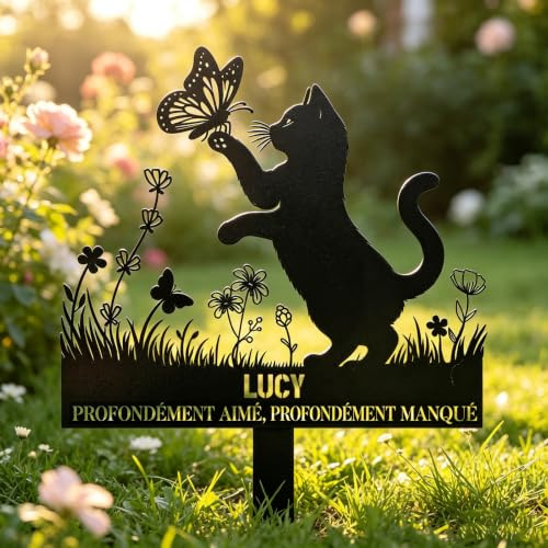 WBW Pierre Tombale Personnalisée Chien Chat Plaque Commémorative Funéraire，ChatD | Piquet Métallique Gravé sur Mesure avec Nom Date Message, Résistant Intempéries pour Jardin Cimetière Cadeau Souvenir