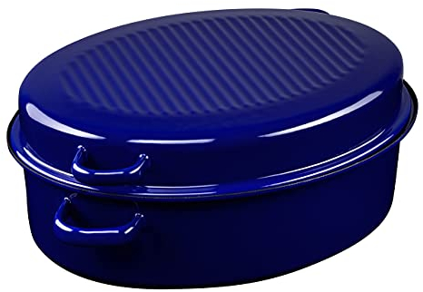 Riess, 0442-012, Gänsebräter oval mit Deckel, CLASSIC - SPEZIALARTIKEL, Durchmesser (lange Seite) 42 cm, Höhe 18,5 cm, Inhalt 9,0 Liter, Emaille, außen blau, innen schwarz, Induktion