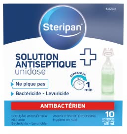 Steripan - Solution Antiseptique Unidose - Ne Pique Pas - Élimine 99,9% des Bactéries - Bactéricide et Levuricide - 10 Unidoses x5 ml
