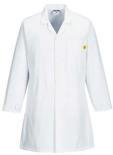 Portwest AS10 Arbetsjacka Antistatisk Tryckknappar Fram Andningsbar Hållbar | Vit, M, EN 61340-5-1, EN 1149-5, UPF 50+, Normal Passform, Lång Ärm, Unisex, Polyester, Lättvikt, ESD, Bröstficka, Skaltyg