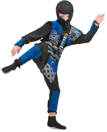 DEGUISE TOI - Déguisement ninja bleu et doré garçon - Pantalon - T-Shirt - Plastron - Protège-tibias - Manchettes - Cagoule - M 7-9 ans (120-130 cm) - Bleu - Déguisements enfants - - Lavage à la