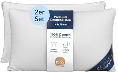 DormiGood Almohada de plumón 45x70 - Made in Germany Almohada 3 cámaras 45x70 cm - Cámara Exterior 100% plumón - Almohadas Plumas 45x70 Apta para alérgicos - Cojin Relleno de Plumas Set de 2