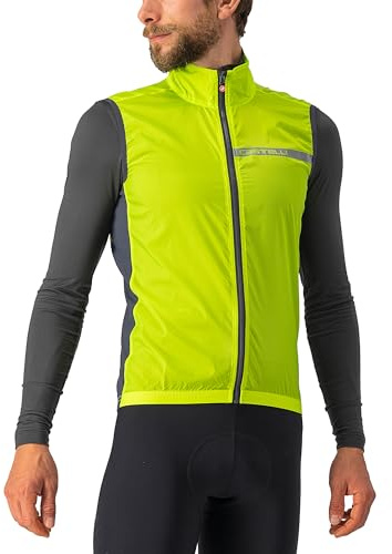 CASTELLI Men's Squadra Stretch Vest, Windproof Full Lenth Zip Shell with High Collar for Road and Gravel Biking I Cycling - Electric Lime/Dark Gray - X-Large