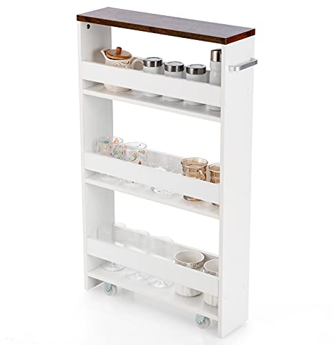GiantexUK Kitchen Storage Trolley, 4 Tier Slim Utility Rolling Cart with Wheels & Handle, Mobile Shelving Unit Organizer for Office Bathroom Kitchen and Laundry Room (White + Brown)