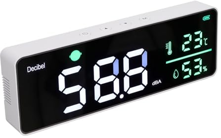 SEAFRONT Medidor de Nivel de Sonido para Colgar en la Pared Medidor de Decibeles de Ruido con Pantalla LED Grande de 30 a 130 DBA con Icono de Alarma Automática