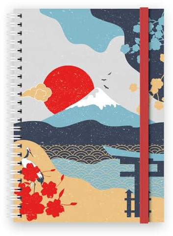Cuaderno de espiral A5, diseño de cubierta temática japonesa, 120 páginas rayadas, páginas de doble bolsillo y divisor de páginas elástico (montaña)