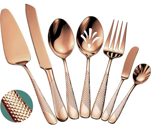Xideman® 7-delars hamrat serveringsbestick av rostfritt stål 18/10 – värdinnebestickset med tårtknivar och tårtspade (Koppar)