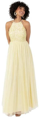 Maya Deluxe Damen Womens Ladies Bridesmaid Maxi Dress Halter Neck Sequin Embellished Prom Graduation Wedding Brautjungfernkleid, Zitronengelb, 46 EU