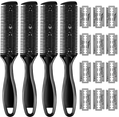 4 Piezas Peine de Afeitar y Corte Profesional, Cortador de Pelo de Doble Cara Recortador de Plástico con Navaja, Kit de Peine para Adelgazar el Cabello con 12 Cuchilla del Acero Inoxidable