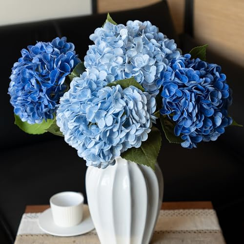 DUYONE Verklighetstrogen hortensia, konstgjorda, stora, 4 st, 56 cm, 2 blå, 2 mörkblå, torra blommor, äkta beröringskänsla, utomhus, bröllop, jul, kontor, familjefest, vardagsrum, bordsdekoration