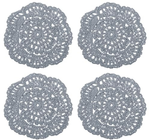 QUARKZMAN Ganchillo Tapetes 4uds 4 - Algodón Tejido Tela Posavasos Encaje Redondo Mano Hecho Posavasos con Floral Patrón para Boda Fiesta Decoración (Gris)