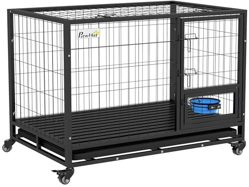 PawHut 43 Heavy Duty Dog Crate with Bowl Holder, Dog Cage on Wheels with Removable Tray, Openable Top, Detachable Door, Indoor Outdoor Use, for Large and Extra Large Dogs - Black