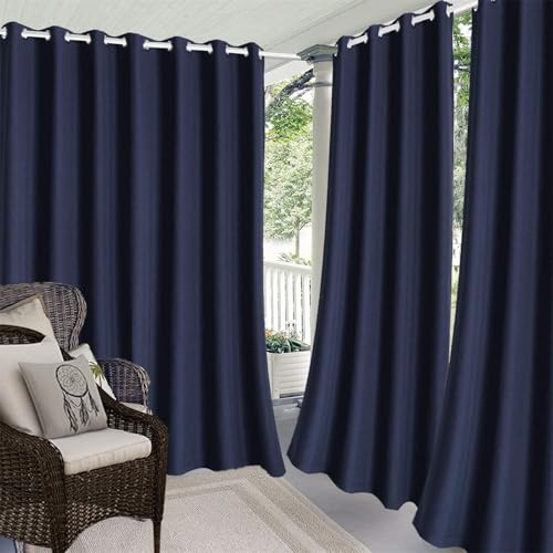 Hiseng Rideaux Extérieur Imperméable, Rideau Occultant Isolant Thermique Rideau d'Extérieur avec Oeillet 1 Pièce Rideau pour Pergola Rideau Terrasse Rideau Pare Soleil (381x241cm,Bleu Marine)