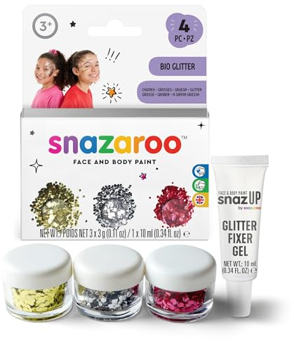 Snazaroo 1172244 Ekologiskt glitter grovt i ett set, 3 färger: guld, silver, rött, 10 ml fixeringsgel, skonsamt mot huden, lätt att ta bort, miljövänligt