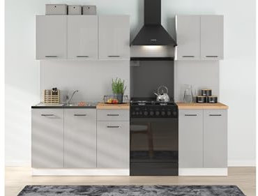 BLACK RED WHITE Küchenzeile Junona Line A 180 cm mit Arbeitsplatte hellgrau glänzend, 3,2/1,6 cm dick, Moderne Möbel, weiß/grau, inkl. Ausstattung