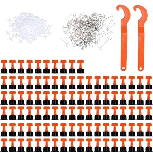 Lot de 402 systèmes de nivellement de carrelage avec 100 cales de nivellement, 100 broches en T, 200 croisillons de carrelage de 2 mm, 2 clés spéciales réutilisables pour mur et sol, convient pour