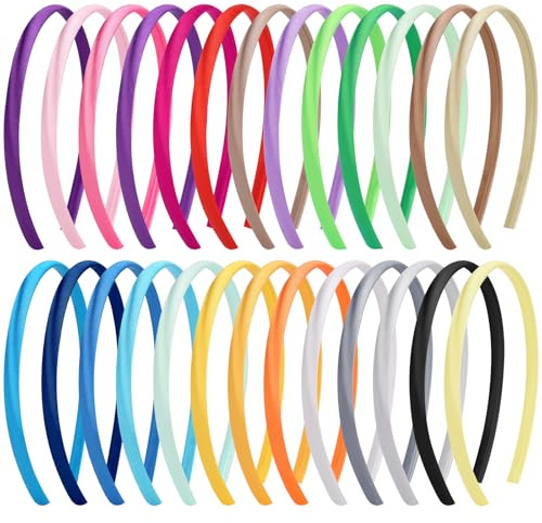 Fishdown 26 Pcs Satin Headbands for Girls DIY Craft Head Bands Hard Thin Headband Rubber Plastic Colorful Hairbands for Kids Teens Party Favors