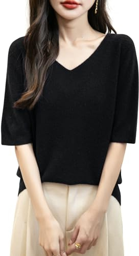 Chanyarn Donna 100% Lana Merino Manica Corta Maglione 2025 Primavera Estate Inverno Morbido Scollo a V Senza Cuciture Maglia Maglione (Black,M)