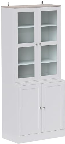 HOMCOM Modern Bookcase with Glass Doors, Display Storage Cabinet with Adjustable Shelves for Living Room, Study, Home Office, Kitchen Cupboard with Small Open Counter, White and Natural