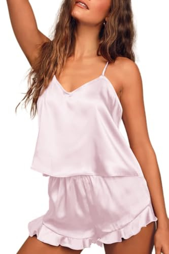 Ekouaer Pigiama da Donna Sexy in Raso Biancheria da Notte Estiva Pantaloncini Negligee,Rosa Chiaro,S
