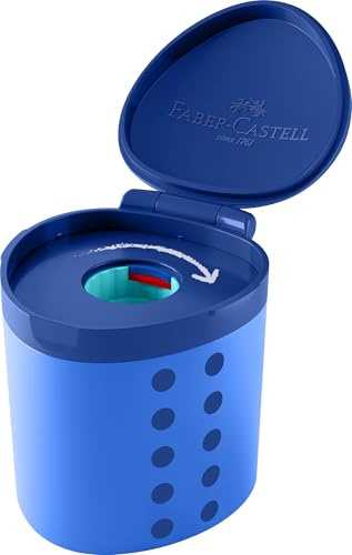 FABER-CASTELL 181790 - Taille-crayon Grippy avec protection de coupe, taille-crayon bleu avec récipient