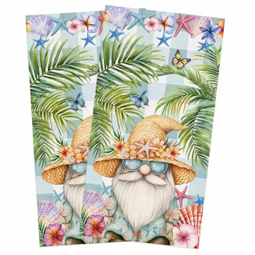 VSINKEEG Kitchen Towels Pack of 2 Tropical Dwarf Palm Tree Dish Drying Towels,Soft Absorbent Microfiber Cleaning Cloths Gnomes Sea Star on Green Plaid Quick Drying Hand Towels Set