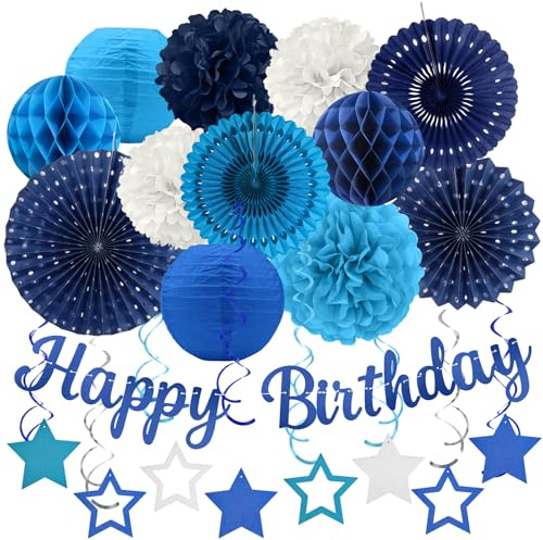 ​​Marineblaue Geburtstagsparty-Dekorationen - 29 Stück Blaue Party-Dekorationen für Männer und Jungen, Glückwunsch-Banner, Papierstreifen, Laternen und Papier-Pompons - ZERODECO​
