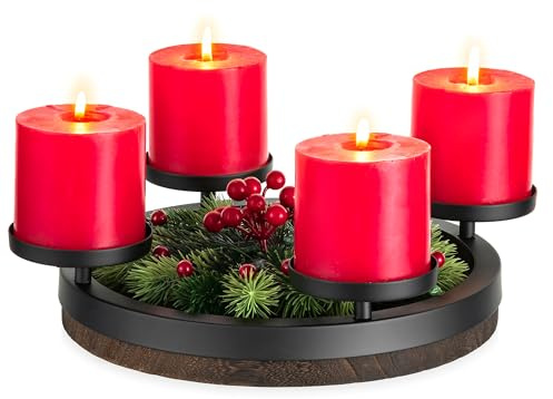 Hanobe Corona de Adviento de madera, bandeja de Adviento, redonda, bandeja de madera con 4 portavelas de metal para velas de pilar, vintage, bandeja de Adviento, soporte para velas de Adviento para