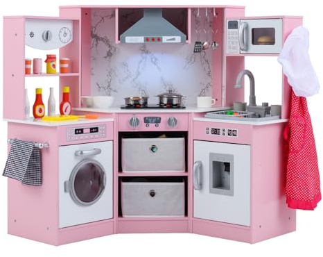 COSTWAY Kids Corner Play Kitchen, Wooden Pretend Toy Kitchen with Realistic Lights & Sounds, Running Water Circulation, Accessory Utensils, Children's Chef Role Play Set for Boys Girls (Pink)