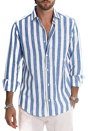 JMIERR Mens Linen Shirts Long Sleeve Button Down Striped Shirts | Cotton,Casual,Beach Holiday Vacation Dress Shirt,Office,Machine Wash,England,Loose Fit,Men's Fashion