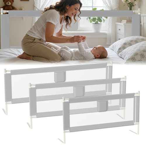 Jopassy Barrera anticaída para cama de 180 cm, altura regulable, 64-96 cm, para bebés y niños, con interruptor de doble botón, fácil montaje, color gris